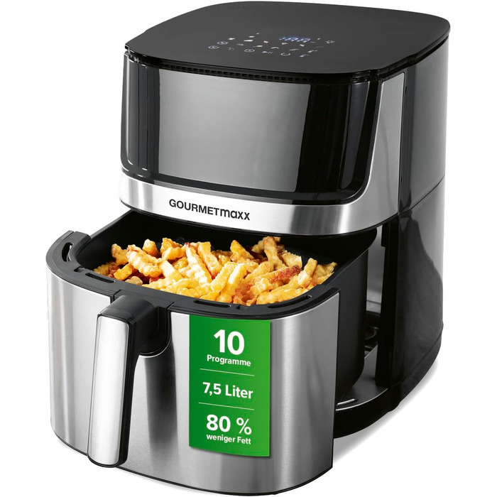 GOURMETmaxx 4в1 цифрова аерофритюрниця 2200 Вт, 7,5 л, нержавіюча сталь/чорна, 10 програм, енергозберігаюча, сенсорний дисплей, таймер