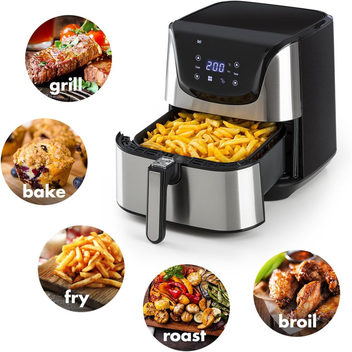 Аерофритюрниця Klarstein Aero Vital Deluxe, 1700 Вт, 5,4 л, з LCD-дисплеєм, 8 програм, з термостатом і таймером, нержавіюча сталь, срібляста, економна