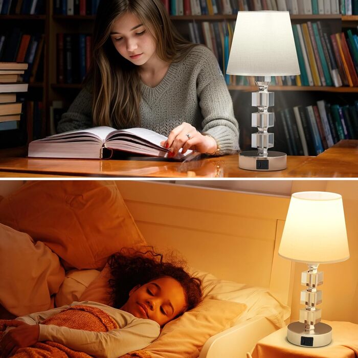 Настільна лампа Livofloral з сенсорним димером, USB A+C, LED, кришталем і тканинним абажуром, для спальні, дитячої, вітальні, готелю, біла