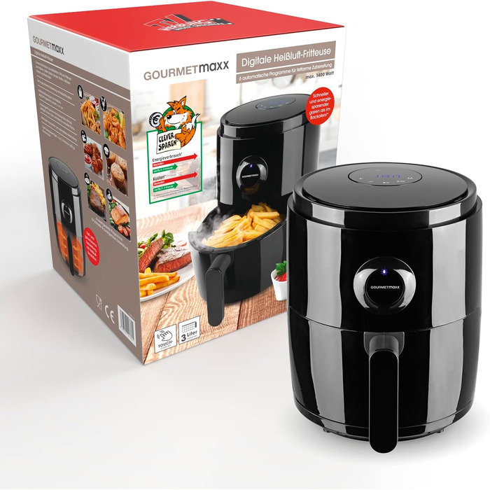 GOURMETmaxx цифрова аерофритюрниця 3 л, 1400 Вт, 6 програм, таймер 60 хв, автоматичне вимкнення, гриль, чорна