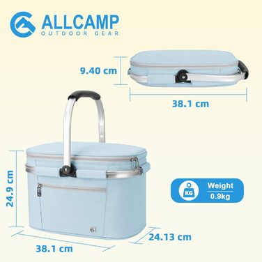 Термосумка-холодильник ALLCAMP велика, складана, ізольована для пікніка на 2 особи з кришкою та алюмінієвим каркасом + 2 акумулятори холоду