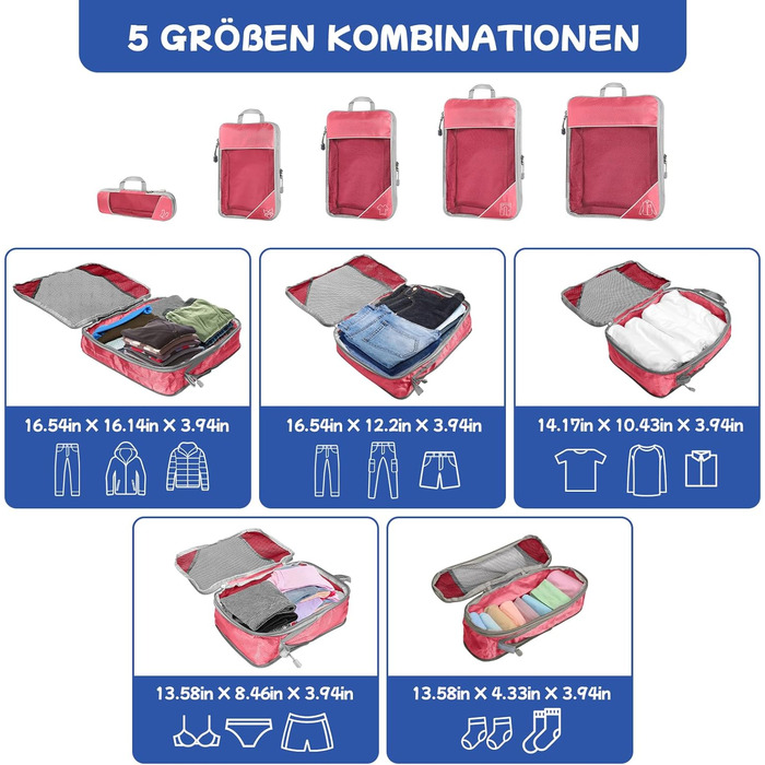 Набір компресійних органайзерів для подорожей Packing Cubes, 5 предметів, ультралегкі сумки для одягу в валізу та рюкзак, рожеві