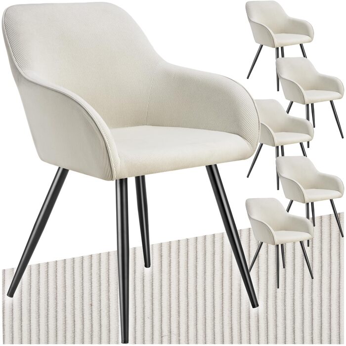 Тектейк® 4X Крісло для їдальні з підлокітниками, оббивка Cord, Lounge-крісло, для вітальні, кухні, офісу - (Набір 6 шт., Кремовий/Чорний)