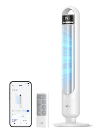 DREO Smart вентилятор без лопатей для спальні, тихий (28 дБ), висота 91.5 см, 4 режими, 3 режими роботи, таймер 8 год, керування через App, Alexa/Google, 90° поворот, для дому/офісу, білий
