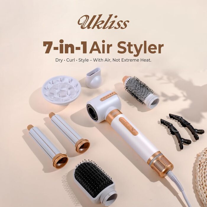 Hairstyler UKLISS Pro 7-в-1 з іонізацією: фен-щітка, кругла щітка, аерощітка для волосся, мультистайлер (білий)