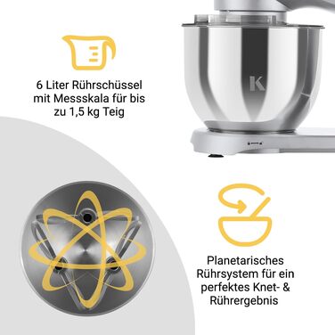 Кухонний комбайн KLAMER 1800W — планетарний міксер для тіста з чашею з нержавіючої сталі 6л, 10 швидкостей, таймером та набором насадок (гак, вінчик, міксер), сріблястий