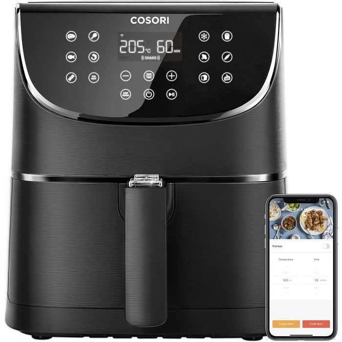 Розумна аерофритюрниця COSORI Smart WiFi 5,5л XXL з 13 програмами, керуванням через додаток та набором аксесуарів (6 предметів)