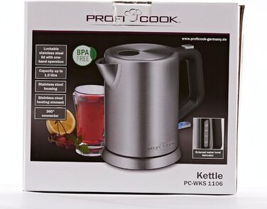 Електрочайник ProfiCook 1 л, нержавійка, 2200 Вт, компактний, BPA-free, одноручне керування, індикатор рівня води, модель PC-WKS 1106