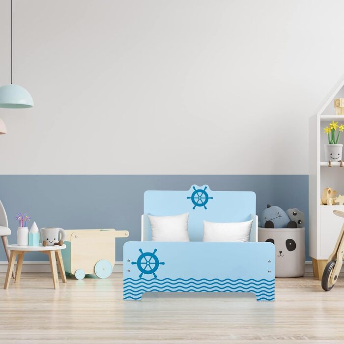 Дитяче ліжко Relaxdays з бортиками, 60x77x143 см, з ламелями, морська тематика, МДФ, синє/біле