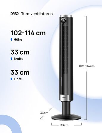 DREO Smart Tower Fan 102-114 см - Вежний вентилятор з пультом, 9 режимів, 4 режими, 90° осциляція, 12 год таймер, DC мотор, надтихий (20 дБ), для дому та офісу, чорний