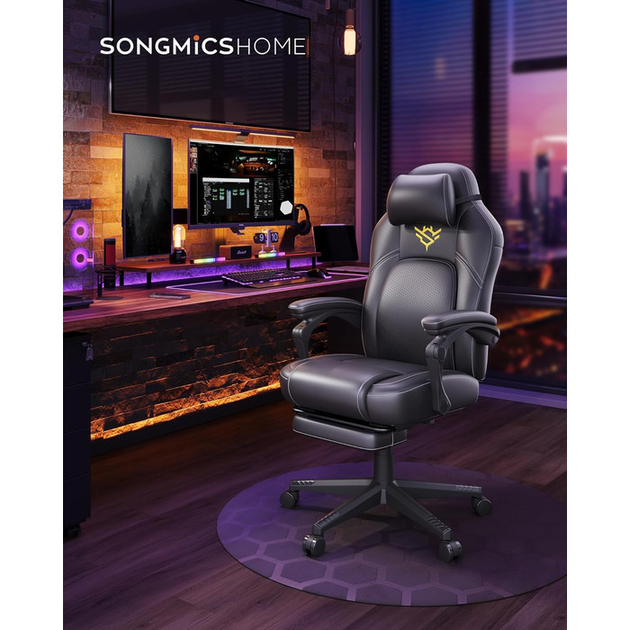 Ігрове крісло SONGMICS HOME, ергономічне, з підставкою для ніг, комп'ютерне крісло, офісне, PU-шкіра, регульована висота, чорне, з підголівником