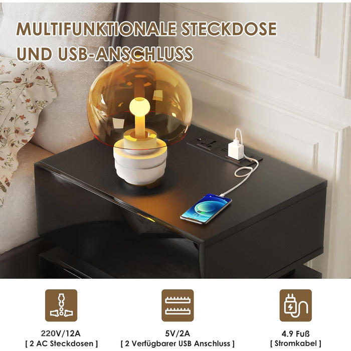 Тумба приліжкова Lvhecforhm з LED підсвіткою, USB та розетками, 16 кольорів, чорний глянець, з відкритими полицями