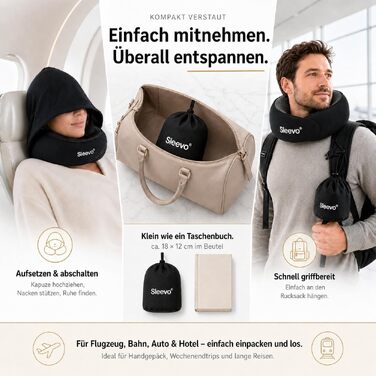 Ергономічна подушка для подорожей з ефектом пам'яті (Memory Foam) та капюшоном-маскою для сну, сіра (розмір M)