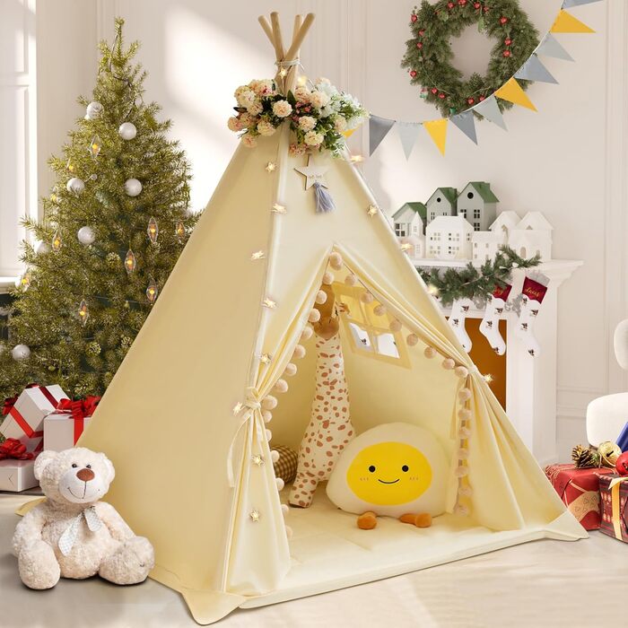 Дитяче намет Tipi з м'якою матрацом, бавовна, канвас. Намет Tipi для дітей, ігровий намет для дівчаток та хлопчиків з зірками та ліхтариками, сумка, прапор (білий, кремовий)