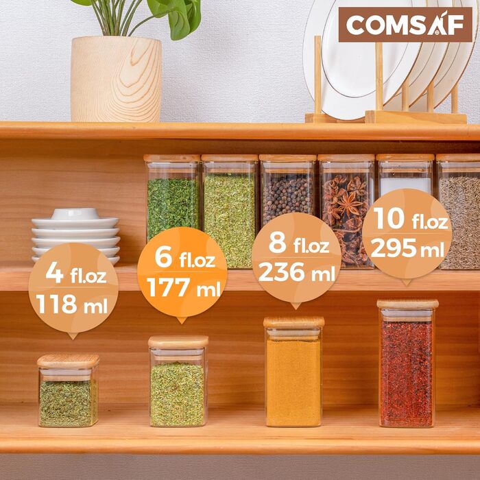 Набір скляних баночок для спецій ComSaf, 16 шт., з бамбуковими кришками, 180 мл, квадратні ємності з етикетками для солі, цукру, спецій