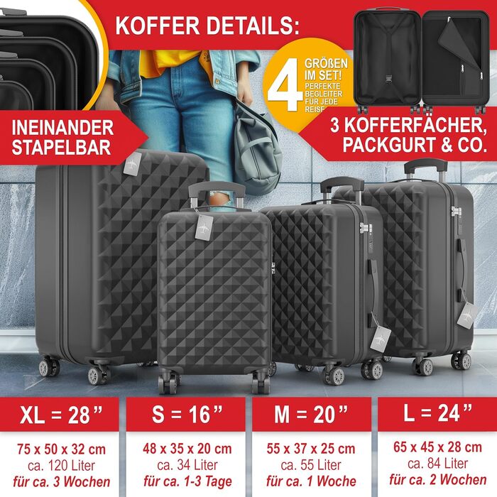 Набір валіз Onbest Premium 4-в-1 з жорстким корпусом, TSA-замком та USB-портом – Плюс ваги для валіз, ременів, адресників, тримача для напоїв, чохла для взуття та чохлів від пилу (Чорний)
