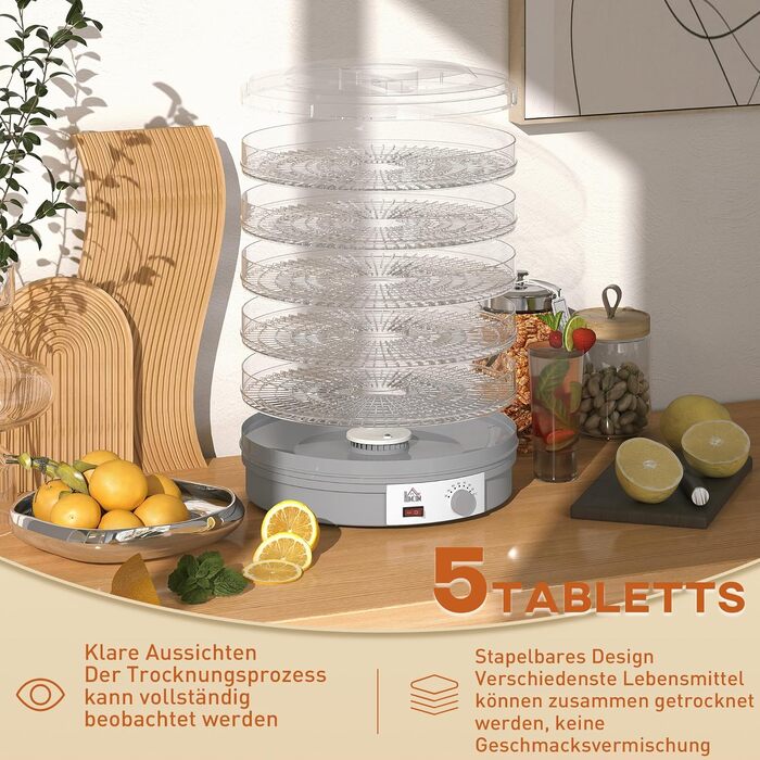 Сушарка для продуктів HOMCOM 245W, 5 лотків, 35-70°C, для фруктів, овочів, м'яса, квітів, без BPA