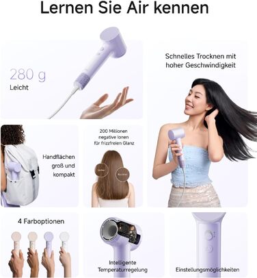 Високошвидкісний фен для волосся Laifen Air, легкий (280 г), колір лавандовий