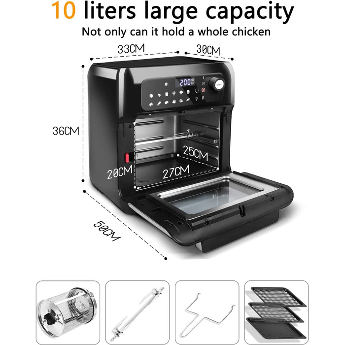 Аерофритюрниця Uten 10 л, 12-в-1, LED-дисплей, 1500 Вт, нержавіюча сталь, з аксесуарами та рецептурником, чорна