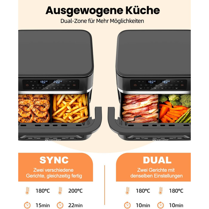Аерофритюрниця WELLENT 12L Dual Zone XXL - двокамерна фритюрниця з гарячим повітрям 2950W (6+6Л), з вікном перегляду, функціями Match & Sync та нагадуванням про струшування, придатна для посудомийки