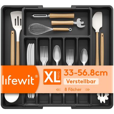 Органайзер для столових приборів у шухляду Lifewit, великий кухонний роздільник на 6-8 відділень, глибина 42.4 см, чорний