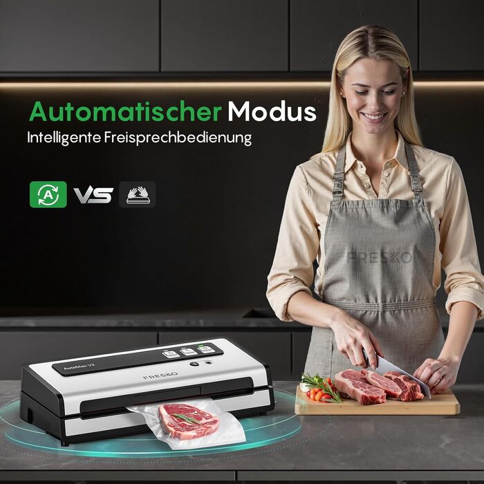 Вакууматор FRESKO Automax V2, автоматичний вакууматор для продуктів 140 Вт, подвійний гарячий шов, режими «сухий/вологий», чорний