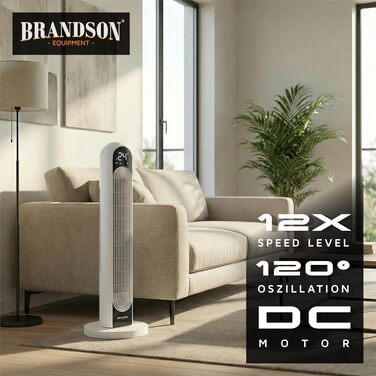 Вентилятор tower Brandson DC надтихий - з еко-дизайном, 12 швидкостей, 4 режими (нормальний, природа, сон, авто), з функцією коливання