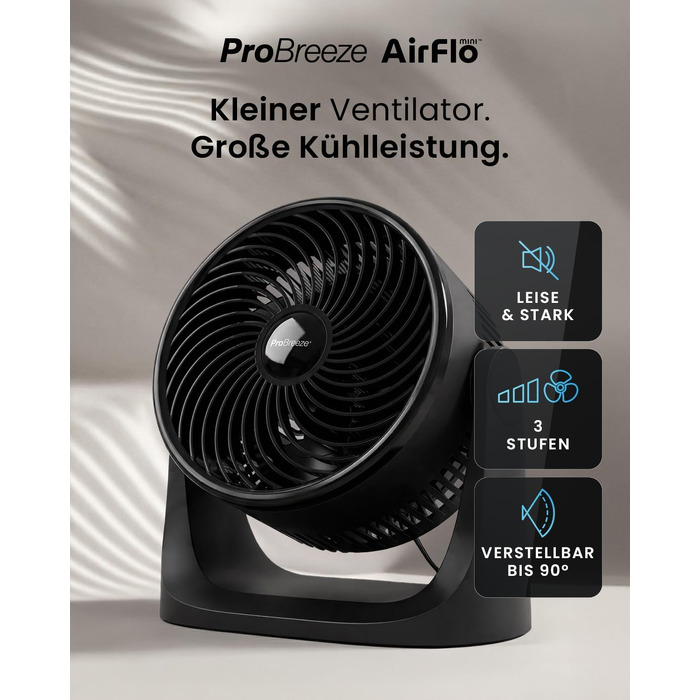 Pro Breeze AirFlo Mini Настільний Вентилятор: Тихий Турбо Вентилятор з 3 Швидкостями, Нахилом 90° та Потужним Потоком Повітря 4.2 м/с, Компактний для Офісу, Спальні та Дому (Чорний)