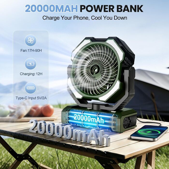Вентилятор портативний Ateroll 20000 mAh з розпилювачем, USB, пульт, LED, гачок для підвішування – для кемпінгу, дому, тераси, подорожей (Зелений)