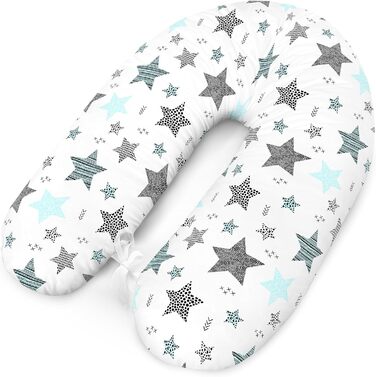 Подушка для вагітних та годування Amilian XXL, ортопедична, для сну, бавовняна, з чохлом, сіра з бірюзовими зірками