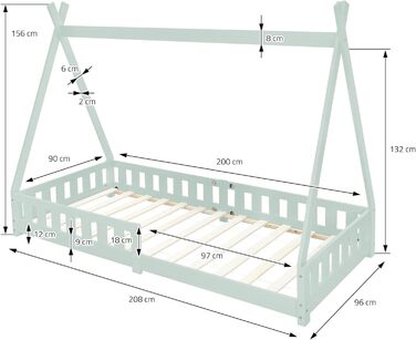 Дитяче ліжко Tipi 70x140 см, світло-сіре, з бортиком і ламелями, масивна сосна, індіанський стиль, будиночок із парканчиком для дівчаток і хлопчиків