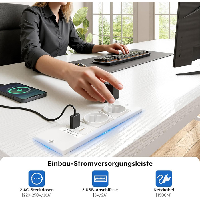 Ігровий стіл L-подібний з LED підсвіткою, 3 шухляди, USB-порт, розетка, тримач для монітора, 140x80 см, білий