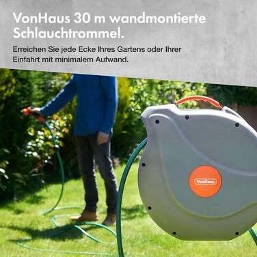 Шланговий барабан VonHaus 30м з автозмотуванням, поворотний на 180°, 8 функцій, пістолет для поливу
