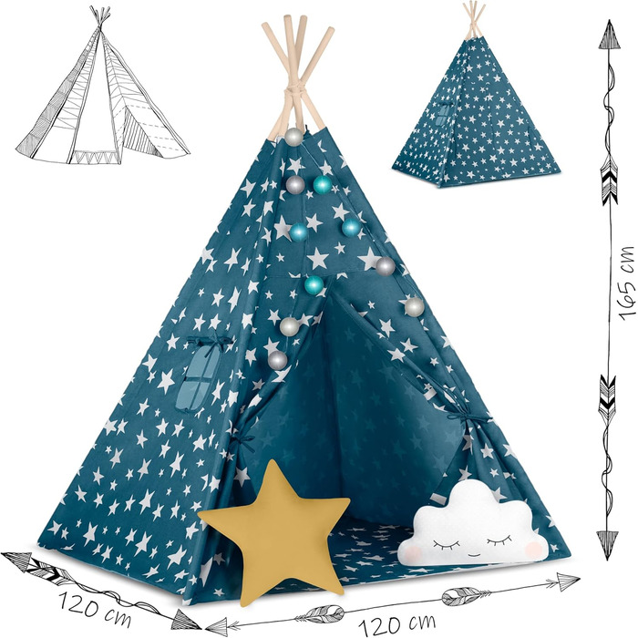 Дитячий намет NUKIDO Tipi з бавовни та дерев'яним каркасом, блакитний, 120x120x165 см