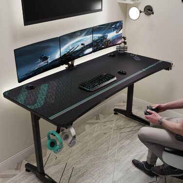 Ігровий стіл EUREKA ERGONOMIC 152x70 см - великий комп'ютерний стіл для геймерів з підставкою для навушників та тримачем для напоїв, чорний