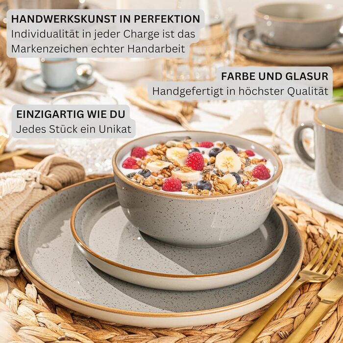 Набір столового посуду SÄNGER Rio, сервіз на 6 осіб, 30 предметів: тарілки, чашки, піали, кераміка (фаянс), м'ятно-зелений, підходить для мікрохвильової печі та посудомийки