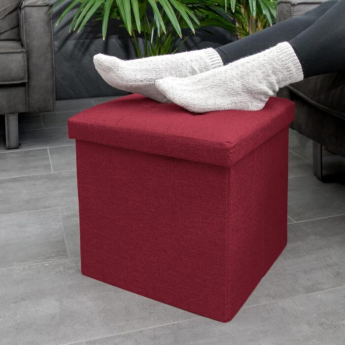 Складаний пуф INTIRILIFE 38x38x38 см, гранатовий, із тканини з кришкою, пуф-куб з місцем для зберігання, короб для сидіння, підставка для ніг