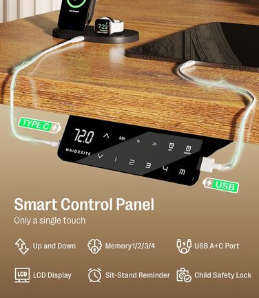 Електричний регульований стіл MAIDeSITe S2 Pro 140x70 см, білий каркас + вінтажний коричневий, вантажопідйомність 160 кг, з захистом від зіткнень