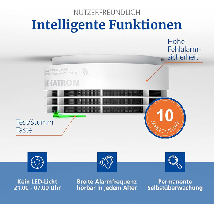 Пожежний сповіщувач Hekatron Genius Plus з батареєю на 10 років, тестування Stiftung Warentest, Made in Germany, з клейкою підкладкою, підтримка додатку, багатомовний, 1 шт.