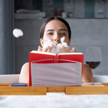 Полиця для ванни Relaxdays XL з підставкою для книги та планшета, розсувна, бамбук, натуральний колір, 70-105 см