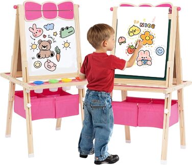 Дерев'яна мольберт Kinder Tafel з паперовою рулонкою, регульована висота, рожевий колір, двосторонній (whiteboard та дошка)