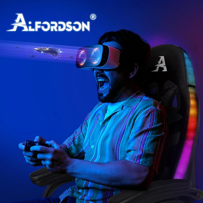 Ігрове крісло ALFORDSON з 8-точковим масажем, RGB LED підсвіткою, ергономічне, з підніжкою, підголівником і поперековою подушкою, для дітей та дорослих, чорне