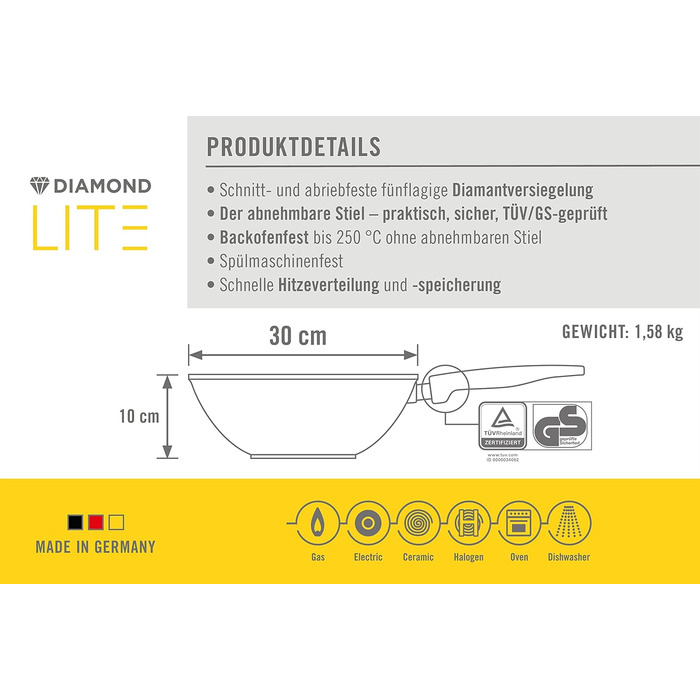Сковорода-вок Woll Diamond Lite 30 см, алюмінієва, антипригарна, знімна ручка, для газових, електричних, галогенових і склокерамічних плит