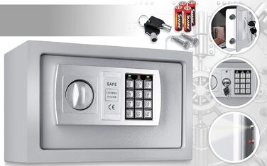 Електронний сейф KESSER 31x20x20 см, LED-дисплей, подвійний ригель, настінний та меблевий, кодовий замок, сріблястий, з підсвіткою та монтажним комплектом