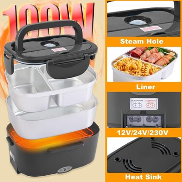Електричний ланч-бокс Nifogo 1.8L 100W (12V/24V/230V) для авто, вантажівок та офісу, сталь 304, чорний