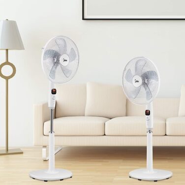 Вентилятор підлоговий Midea FS40-16CR з DC-мотором, 12 швидкостей, тиха робота 27 дБ, дистанційне керування, LED-дисплей, таймер 12 год, 4 режими, енергозбереження, 5 лопатей, регульована висота, білий