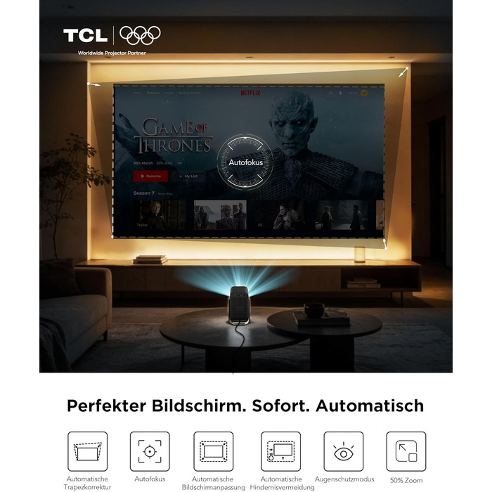 TCL C1 Smart Mini Beamer 4K: Проектор з Google TV, Netflix, Wi-Fi, Bluetooth, Автофокус, Keystone, Dolby Audio 8W