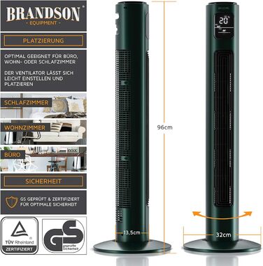 Турмовентилятор Brandson з пультом, 96 см, 3 швидкості, осциляція 60°, мобільний стовповий вентилятор, зелений, переможець 2024 року