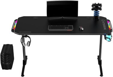 Ігровий стіл ULTRADESK FRAG V3 150x60 см, LED RGB підсвітка, сталева конструкція, для 2 моніторів, чорний, з аксесуарами