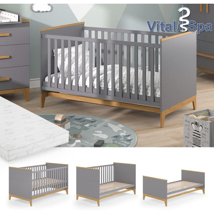 Дитяче ліжечко VitaliSpa Malia 70x140 см, сіре/дуб, з матрацом